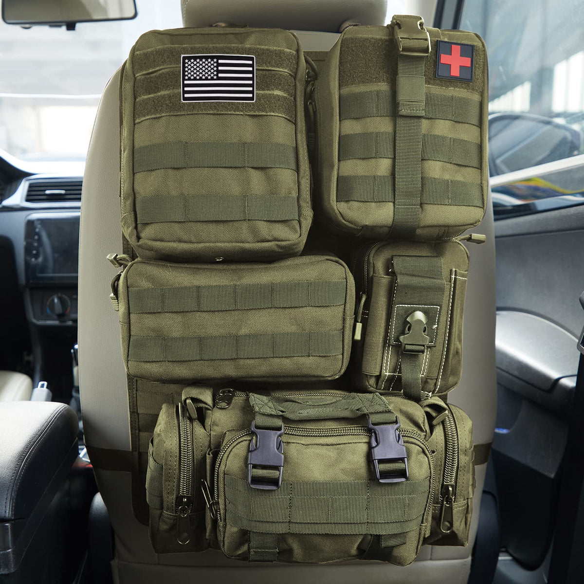 Universal Tactical Car Seat Back Organizer Bag Tactical Molle Vehicle Organizers Panel Vehicle Protector Organizers with 5 Detachable Pouches for Car Truck Ford Jeep