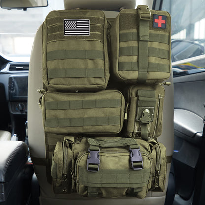 Universal Tactical Car Seat Back Organizer Bag Tactical Molle Vehicle Organizers Panel Vehicle Protector Organizers with 5 Detachable Pouches for Car Truck Ford Jeep
