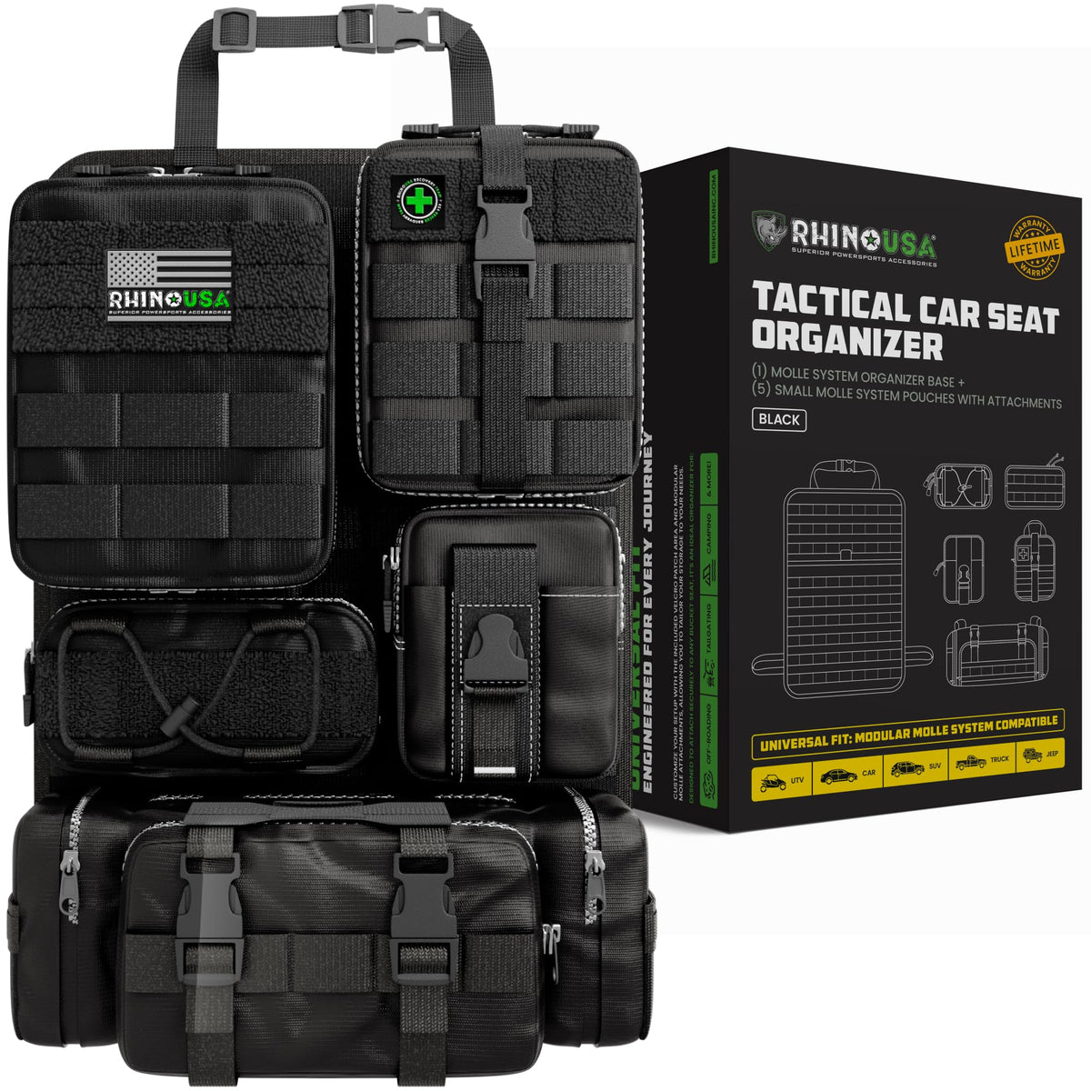 Rhino USA Tactical Car Seat Organizer - Military-Grade Molle Storage