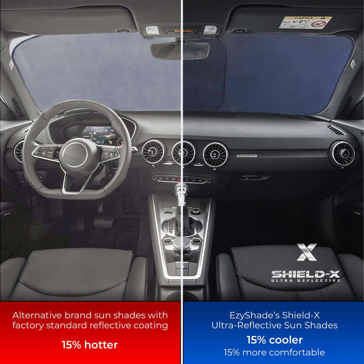 EzyShade Windshield Sun Shade with Shield-X Reflective Technology. See Vehicle Size-Chart. Foldable Car Sunshade for Front Windshield Window Car SUV Van Truck. Sun Visor Heat Shield