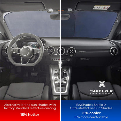 EzyShade Windshield Sun Shade with Shield-X Reflective Technology. See Vehicle Size-Chart. Foldable Car Sunshade for Front Windshield Window Car SUV Van Truck. Sun Visor Heat Shield