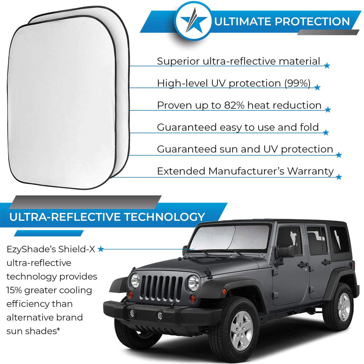 EzyShade Windshield Sun Shade with Shield-X Reflective Technology. See Vehicle Size-Chart. Foldable Car Sunshade for Front Windshield Window Car SUV Van Truck. Sun Visor Heat Shield