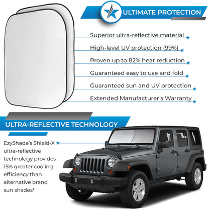 EzyShade Windshield Sun Shade with Shield-X Reflective Technology. See Vehicle Size-Chart. Foldable Car Sunshade for Front Windshield Window Car SUV Van Truck. Sun Visor Heat Shield