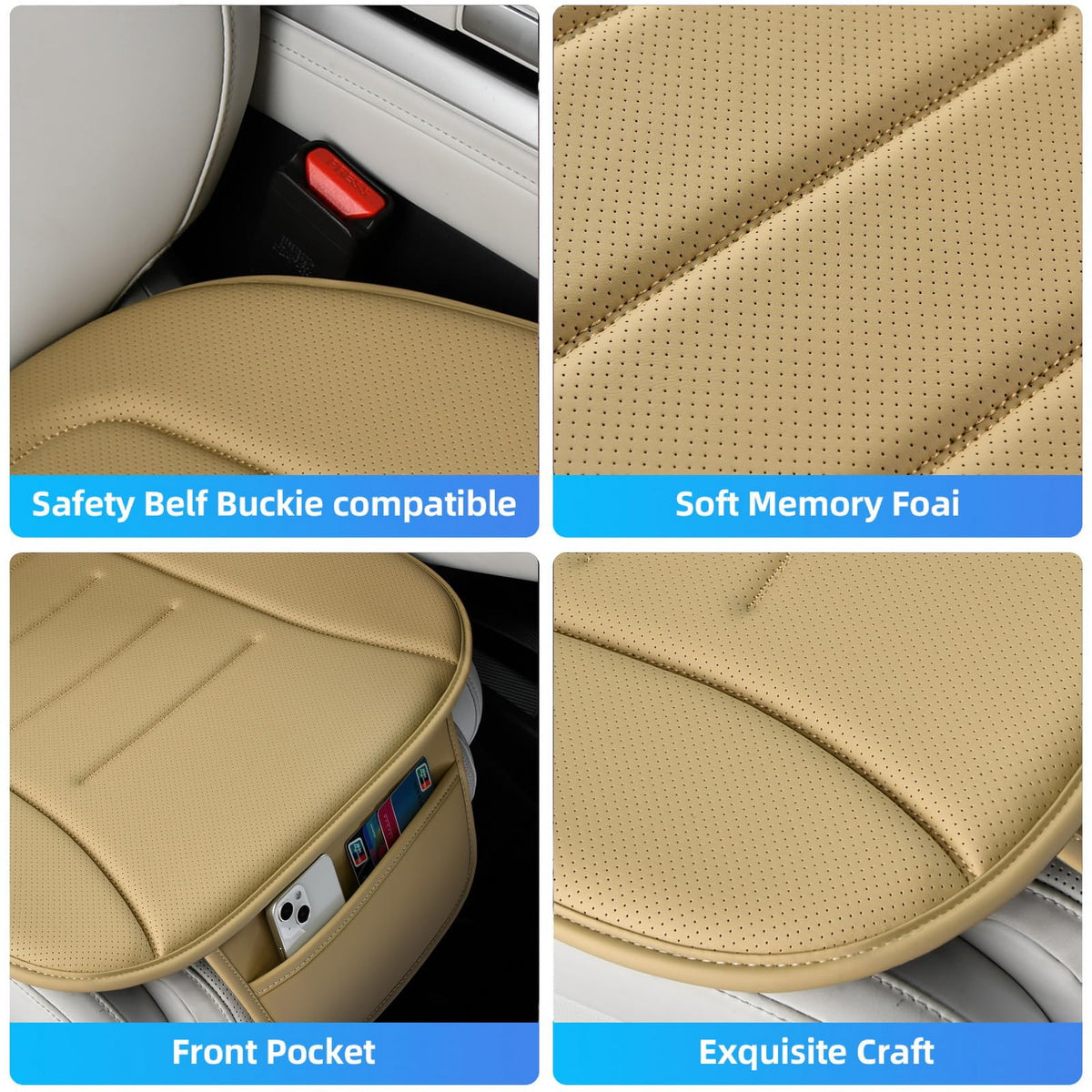 KAYI Car Seat Cushion, Comfort Memory Foam Car Cushions for Driving, Breathable Leather Surface with Anti Slip Rubber Bottom, Seat Cushion for Car and Office Chair
